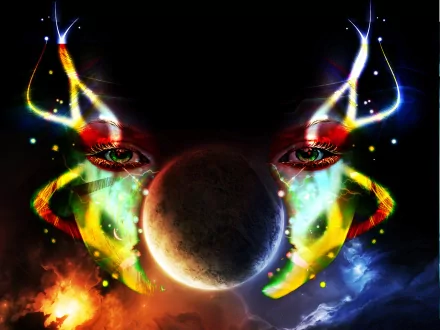 Abstract artistic HD desktop wallpaper featuring a dark planet centered between glowing, vivid light trails forming symmetrical, eye-like shapes.