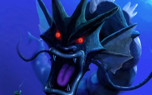 HD desktop wallpaper featuring Gyarados, a water Pokémon, in an intense and dramatic anime-style scene from the Pokémon series. Pikachu and other elements enhance the dynamic atmosphere.