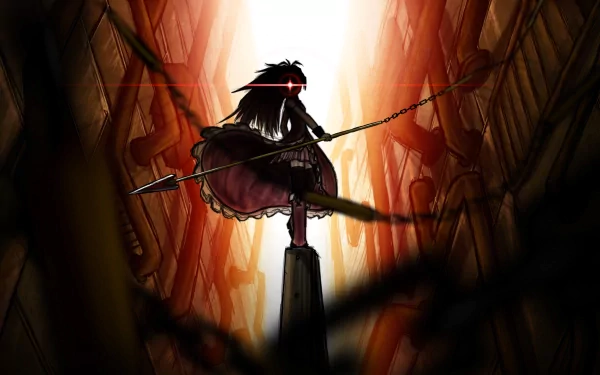 Kyōko Sakura from Puella Magi Madoka Magica stands with her spear silhouetted against a fiery, abstract background in this HD anime desktop wallpaper.