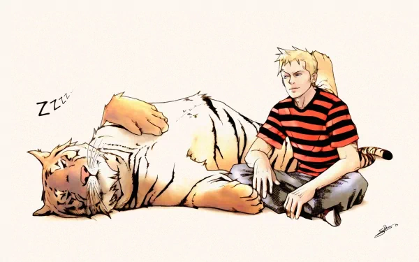 HD PC desktop wallpaper featuring Calvin and Hobbes from the comic series, with Hobbes sleeping and Calvin sitting beside him in a relaxed pose.