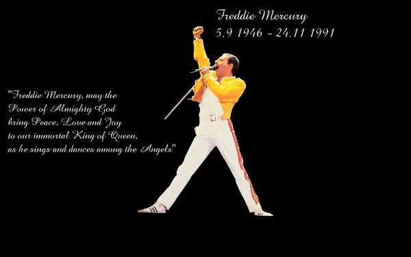 Freddie Mercury, the legendary vocalist of Queen, captured in a powerful pose. This HD wallpaper celebrates his immense impact on rock music and his enduring legacy.