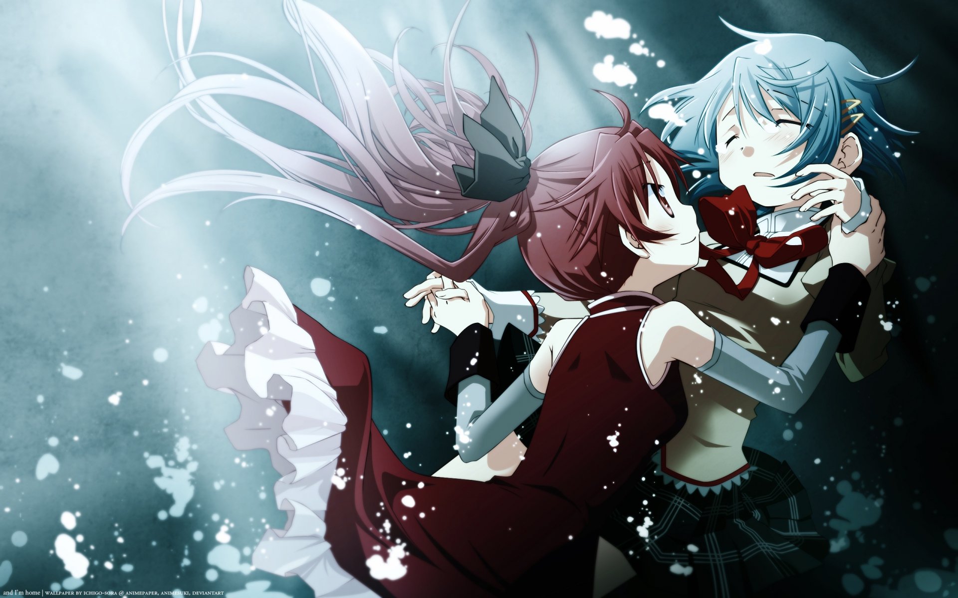 Kyōko Sakura and Sayaka Miki from the anime Puella Magi Madoka Magica embrace in a dynamic underwater scene, depicted in this vivid HD wallpaper.