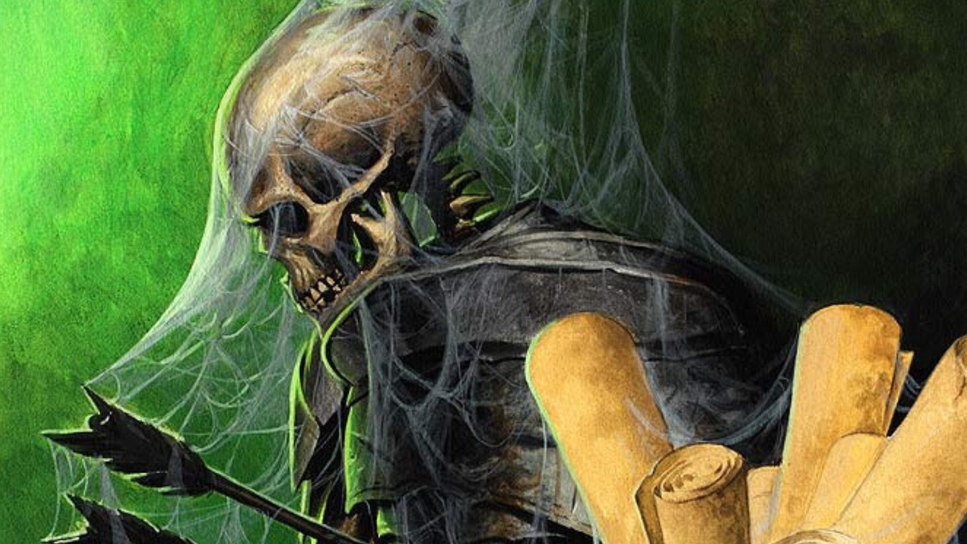Dark-themed HD PC desktop wallpaper featuring a detailed skeleton surrounded by spider webs and old scrolls against a greenish background.