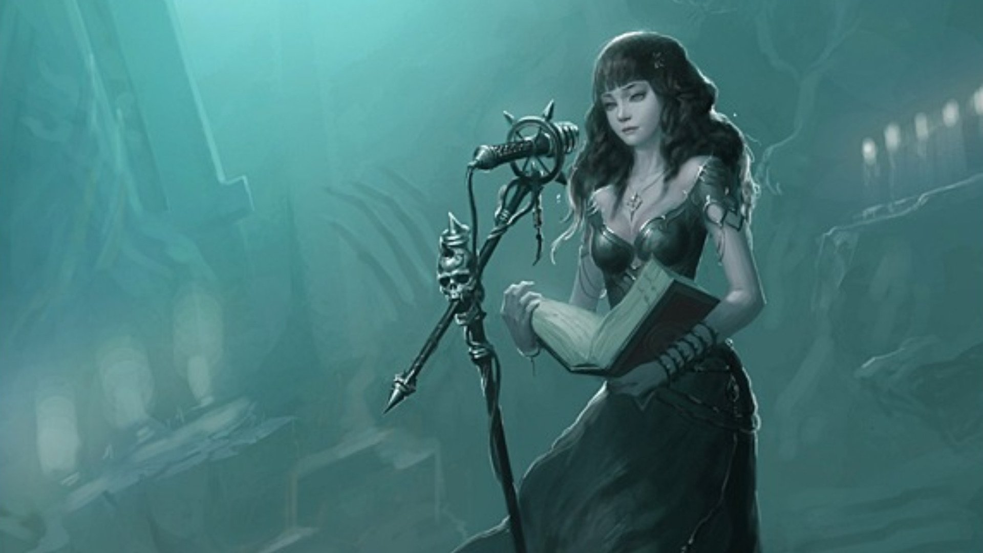 A fantasy-themed HD wallpaper featuring a woman in a dark setting, holding a book and standing by a microphone, evoking a mystical and enchanting atmosphere.