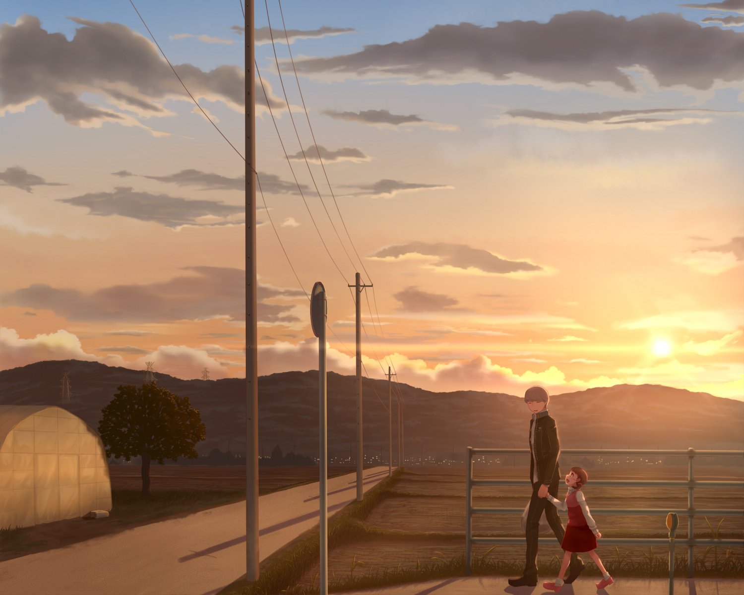 HD PC desktop wallpaper featuring a sunset scene from the video game Persona 4, showing two characters walking along a quiet road with mountains in the background.