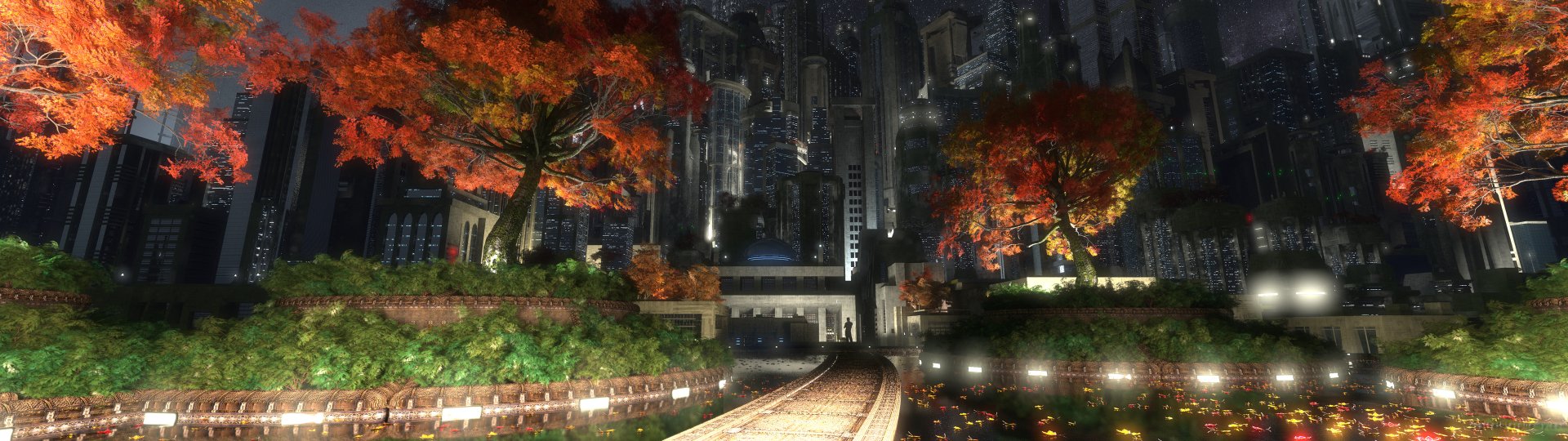 HD PC desktop wallpaper of a vibrant man-made cityscape featuring illuminated skyscrapers and autumn trees beside railway tracks at night.