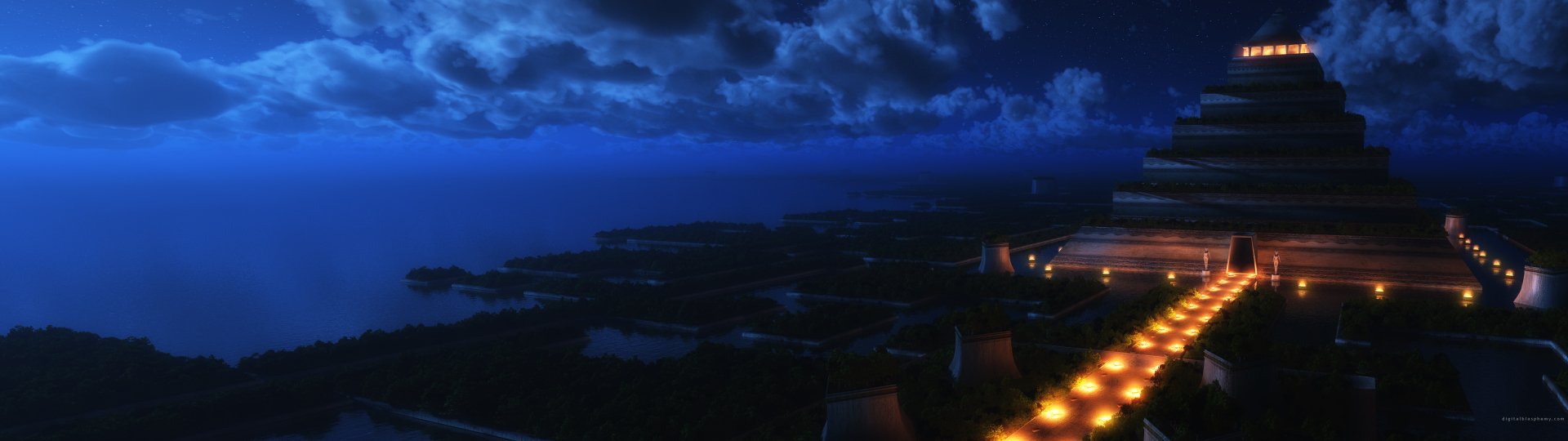 HD fantasy desktop wallpaper featuring a glowing pyramid structure under a dramatic night sky with clouds and a reflective water landscape.