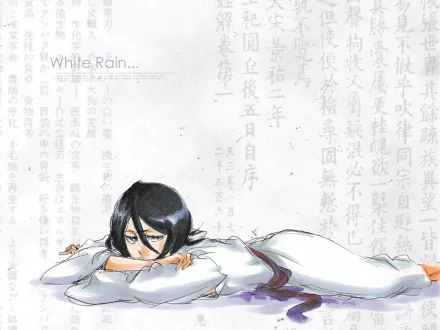 Rukia Kuchiki (Bleach) anime HD PC desktop wallpaper/background — Rukia reclining on her stomach in white robes against a pale, calligraphy-textured backdrop.