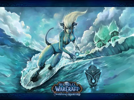 A dynamic HD desktop wallpaper featuring a character from World of Warcraft surfing on a wave, with mystical elements and vibrant clouds in the background.