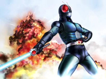 Anime-style Kamen Rider in glossy armored suit with red eyes, wielding a blue beam sword amid fiery explosion — HD PC desktop wallpaper/background.