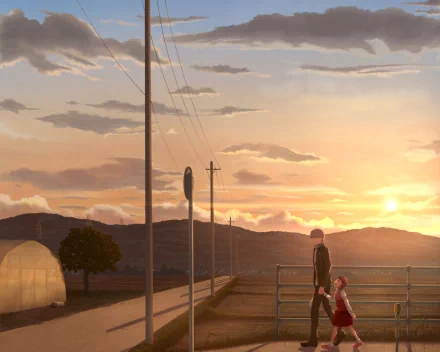 HD PC desktop wallpaper featuring a sunset scene from the video game Persona 4, showing two characters walking along a quiet road with mountains in the background.