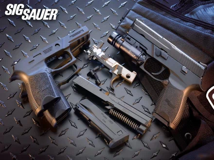 HD desktop wallpaper featuring man-made SIG Sauer pistols and firearm components arranged on a textured metal surface.
