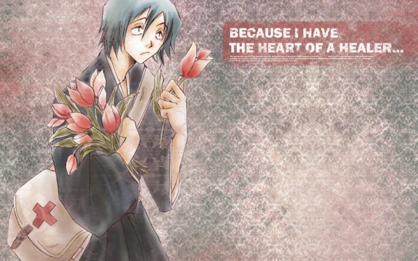 HD anime wallpaper featuring Hanataro Yamada from Bleach holding flowers, with the text Because I have the heart of a healer on a textured background.