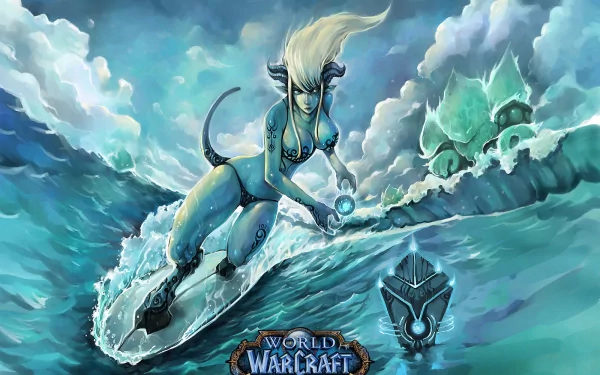 A dynamic HD desktop wallpaper featuring a character from World of Warcraft surfing on a wave, with mystical elements and vibrant clouds in the background.