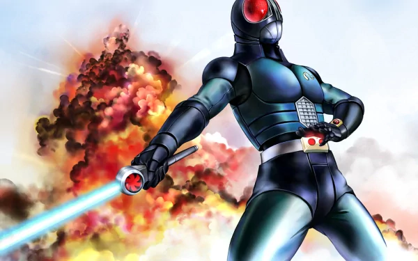 Anime-style Kamen Rider in glossy armored suit with red eyes, wielding a blue beam sword amid fiery explosion — HD PC desktop wallpaper/background.
