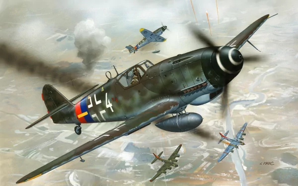 HD PC desktop wallpaper featuring a dynamic aerial combat scene with military aircraft engaged in a dogfight above the clouds.