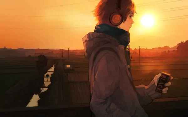 HD PC desktop wallpaper featuring a character from the video game Persona 4 standing against a sunset backdrop.
