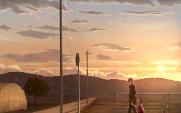 HD PC desktop wallpaper featuring a sunset scene from the video game Persona 4, showing two characters walking along a quiet road with mountains in the background.
