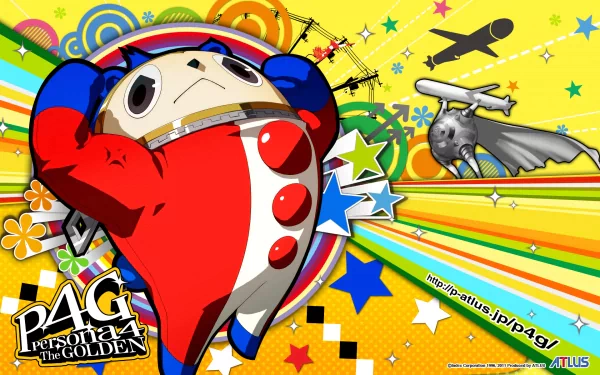 Vibrant HD desktop wallpaper featuring Teddie from Persona 4 Golden with colorful stars and dynamic patterns, capturing the energetic spirit of the Persona 4 video game.