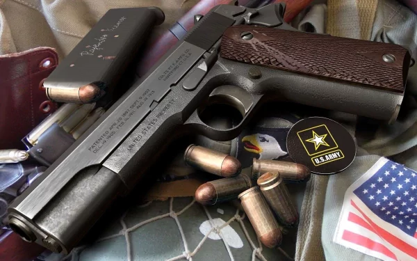 A detailed HD desktop wallpaper featuring a Colt 1911 pistol surrounded by ammunition and military-themed items, showcasing craftsmanship and design.