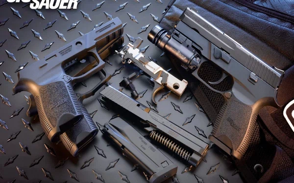HD desktop wallpaper featuring man-made SIG Sauer pistols and firearm components arranged on a textured metal surface.