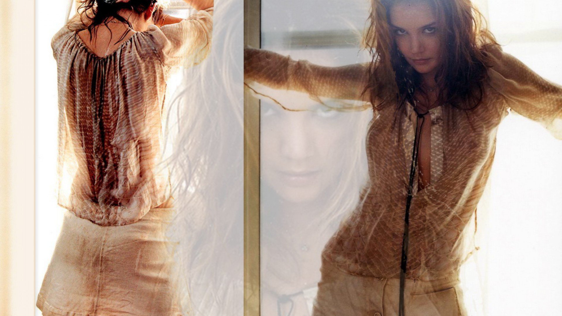 HD PC desktop wallpaper featuring celebrity Katie Holmes in a soft, ethereal pose with layered, semi-transparent images showcasing her contemplative expression.