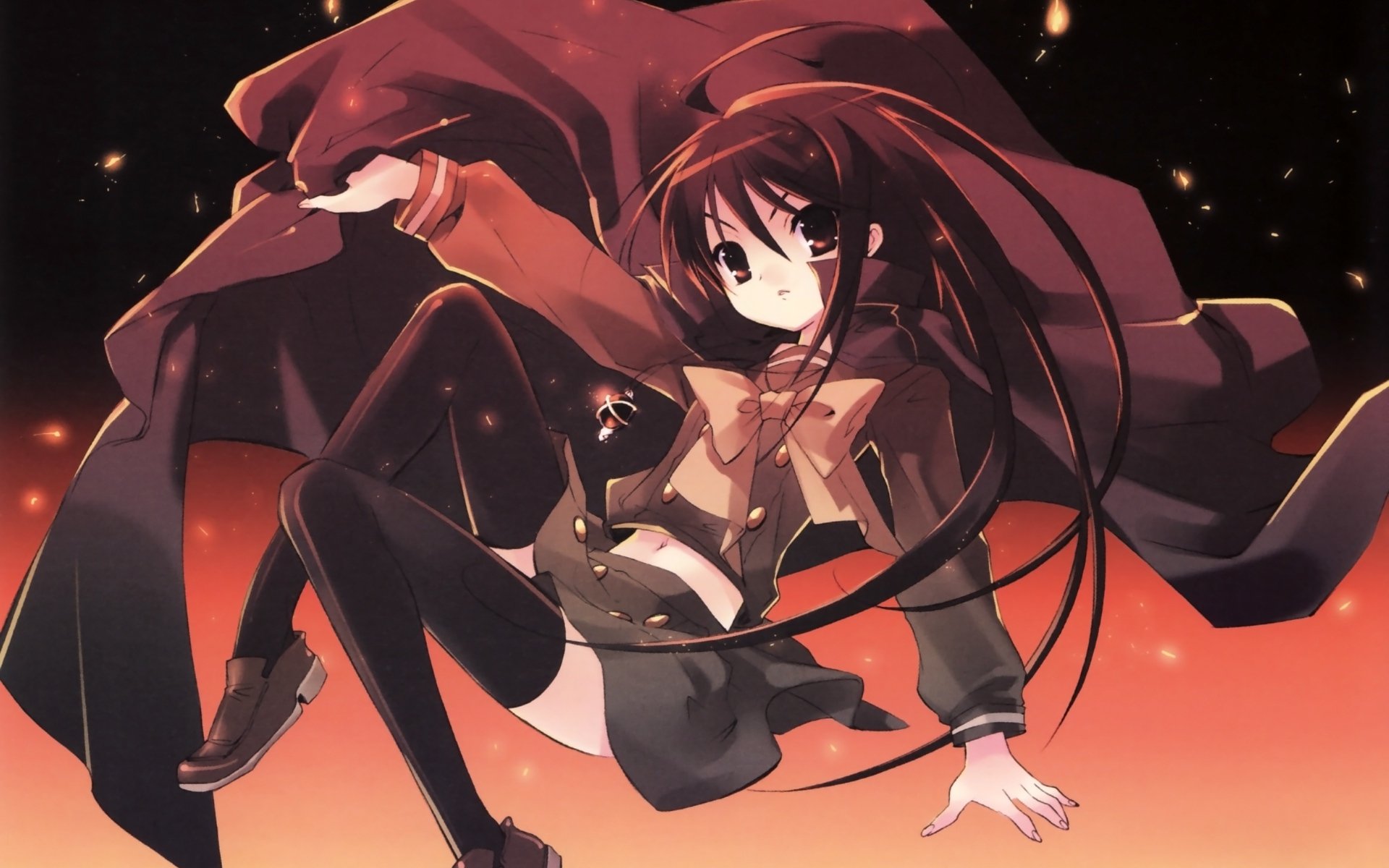 HD PC desktop wallpaper featuring Shana from Shakugan No Shana anime, depicted with flowing hair and a dynamic pose against a fiery sky background.