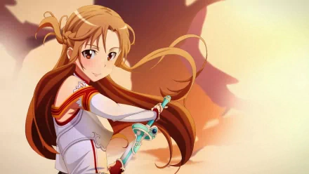 A vibrant HD wallpaper featuring Asuna Yuuki from Sword Art Online, poised with a sword and a confident smile against a dynamic background, capturing her adventurous spirit.