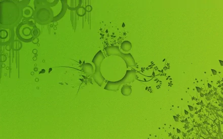 A vibrant green HD desktop wallpaper featuring abstract circles and floral elements, embodying a modern technology aesthetic associated with Ubuntu.