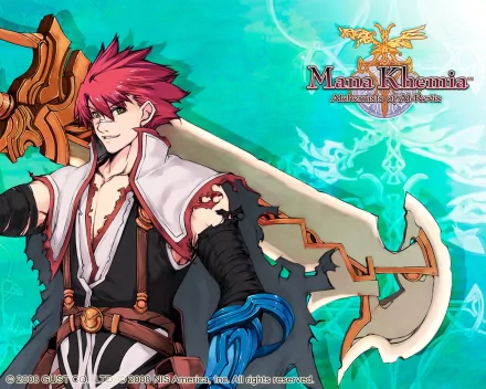 HD PC desktop wallpaper featuring a red-haired character from the video game Mana Khemia, holding a large weapon with a vibrant turquoise background.