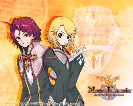 HD PC desktop wallpaper featuring two characters from the video game Mana Khemia, set against a warm, glowing background with the game's logo.
