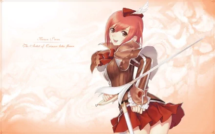 Anime HD PC desktop wallpaper of a Shining Tears X Wind red-haired heroine in brown-and-red armor holding a spear against a soft peach background.