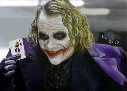 HD PC desktop wallpaper featuring the Joker from the movie The Dark Knight, with his signature smeared makeup and a playing card in hand.