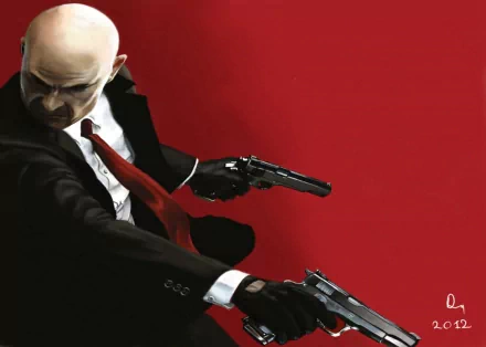 HD PC desktop wallpaper from the video game Hitman: Absolution, featuring Agent 47 in a black suit and red tie wielding dual pistols against a red background.