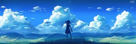 Anime original HD PC desktop wallpaper: silhouette of a girl on a grassy hill beneath towering white clouds and a vivid blue sky, serene panoramic background.