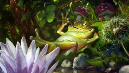 Animal CGI HD PC desktop wallpaper and background showing a relaxed green frog lounging among oversized flowers, mushrooms and lush foliage in a whimsical fantasy scene.