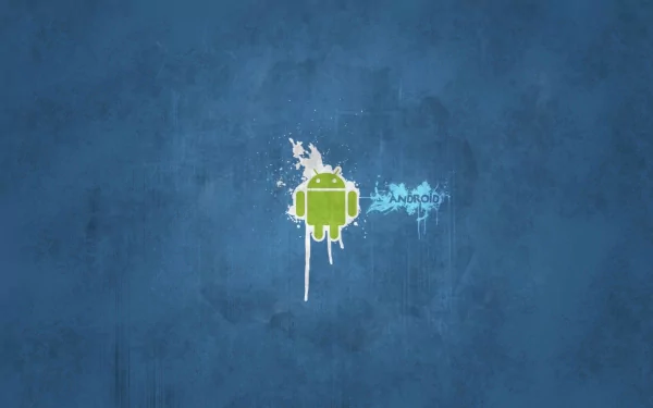HD desktop wallpaper featuring a glowing Android logo with paint splatter effects against a textured blue background, highlighting technology and Android themes.
