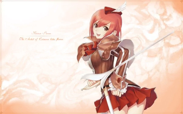 Anime HD PC desktop wallpaper of a Shining Tears X Wind red-haired heroine in brown-and-red armor holding a spear against a soft peach background.
