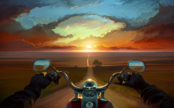 Artistic Psychedelic Motorcycle Bike Sunset Road Landscape HD Wallpaper | Background Image