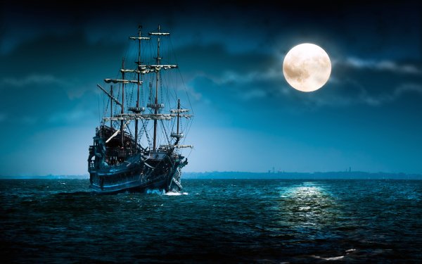 Fantasy Ship Night Moon Sailboat HD Wallpaper | Background Image