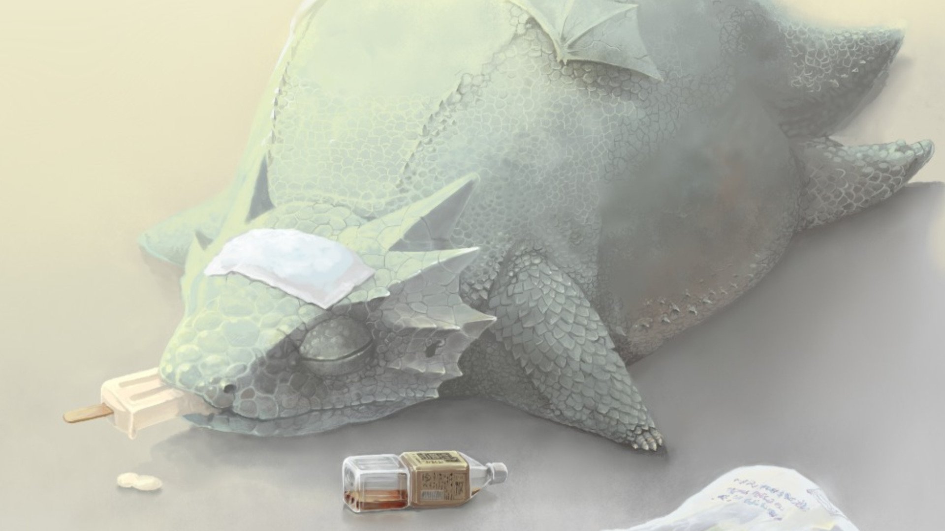 A whimsical dragon creature, adorned with a face mask, indulgently enjoying ice cream, set against a soft background—infusing humor and fantasy into this HD desktop wallpaper.