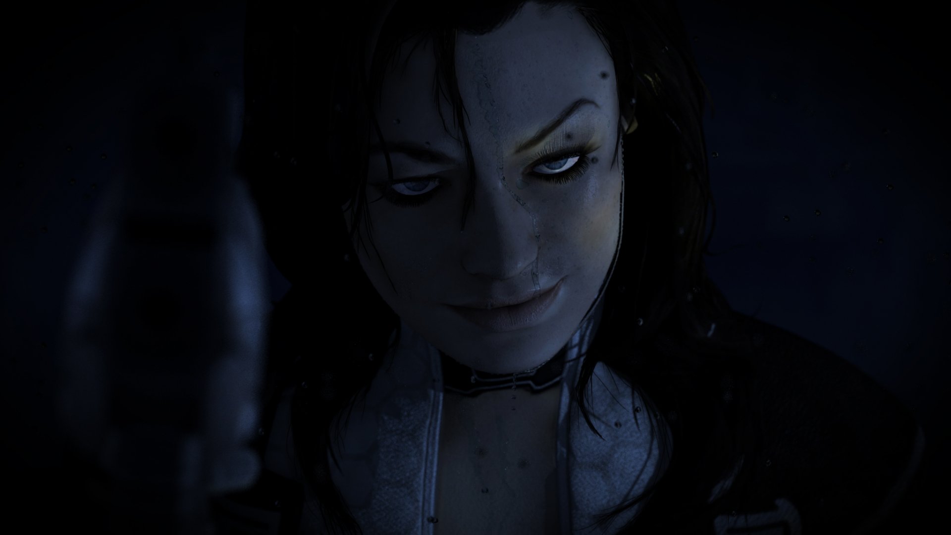 HD PC desktop wallpaper featuring Miranda Lawson from the video game Mass Effect 2, showcasing her intense expression in a dark, moody setting.