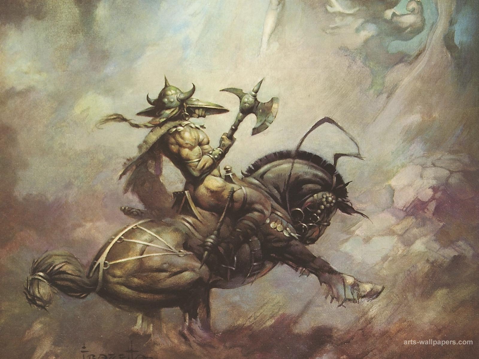 A powerful fantasy warrior clad in armor, wielding a large axe, rides a fierce armored horse through a stormy, ethereal sky in this HD PC desktop wallpaper.