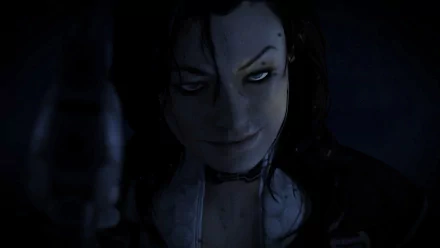 HD PC desktop wallpaper featuring Miranda Lawson from the video game Mass Effect 2, showcasing her intense expression in a dark, moody setting.