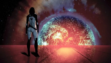 Miranda Lawson from Mass Effect 2 stands silhouetted against a vibrant celestial backdrop, creating an immersive HD PC wallpaper experience for fans of the video game.