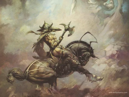 A powerful fantasy warrior clad in armor, wielding a large axe, rides a fierce armored horse through a stormy, ethereal sky in this HD PC desktop wallpaper.