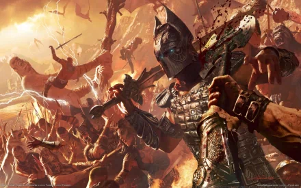 A dynamic scene from Age of Conan: Unchained, showcasing a fierce battle with Conan wielding a sword amidst a chaotic background of combat and warriors. High-definition artwork for gaming enthusiasts.