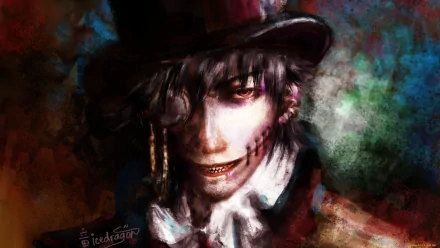 HD dark-themed PC desktop wallpaper featuring a menacing man with a top hat, dark hair, and glowing eyes in a smoky, eerie atmosphere.