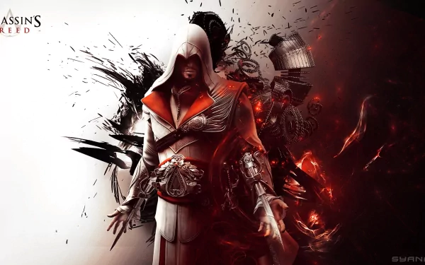 High-definition wallpaper featuring Ezio from Assassin's Creed: Brotherhood, showcasing dramatic colors and action-packed elements reflective of the iconic video game series.