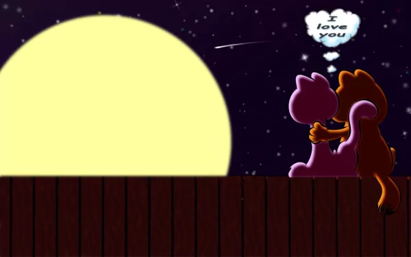 A vibrant HD comic wallpaper featuring Garfield and a pink cat watching a large moon, expressing love under a starry sky, capturing a sweet moment of affection.
